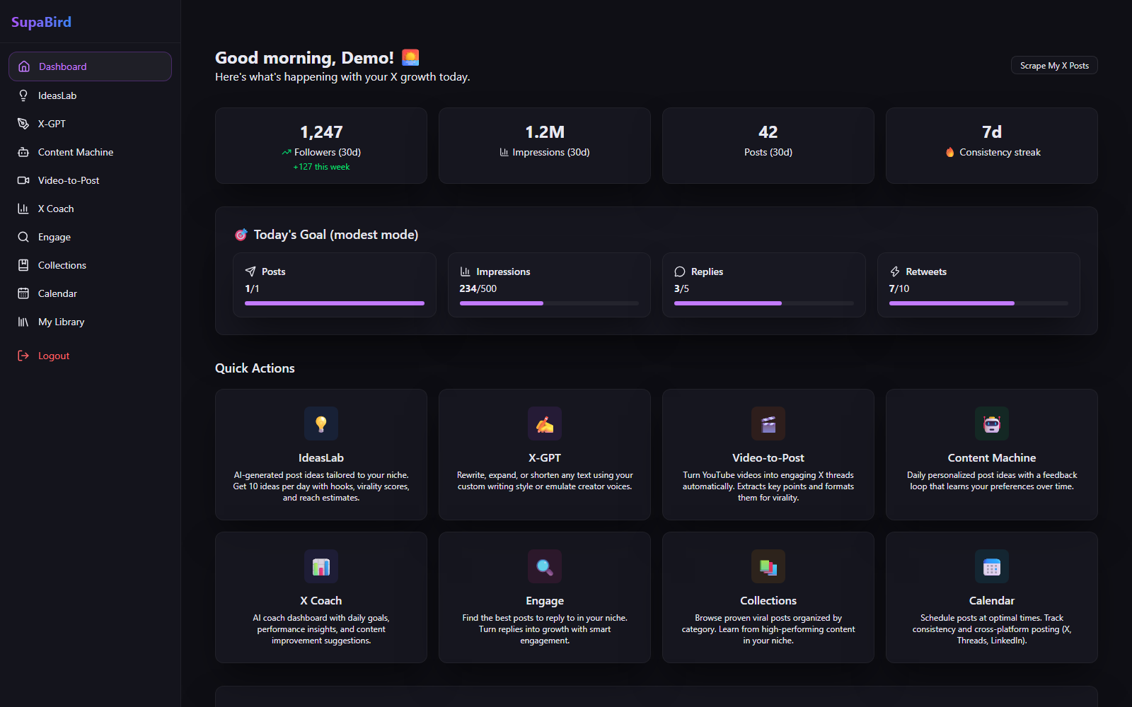SupaBird dashboard